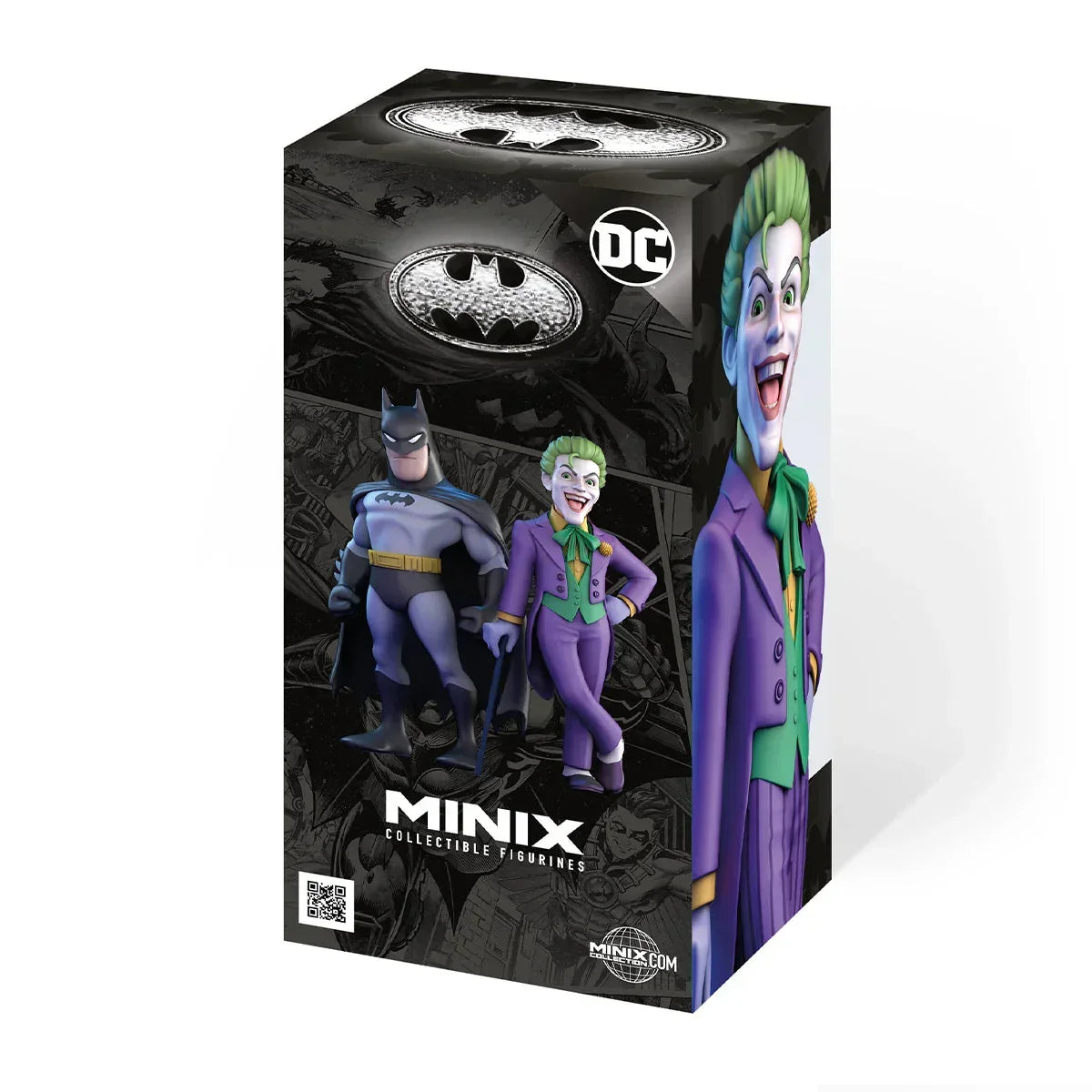MINIX Sammelfiguren Batman und Joker in lila Anzug auf einer Box