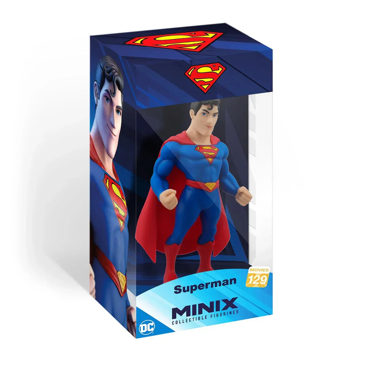 Superman Minix Sammelfigur in blauer und roter Uniform mit Umhang in einer transparenten Box