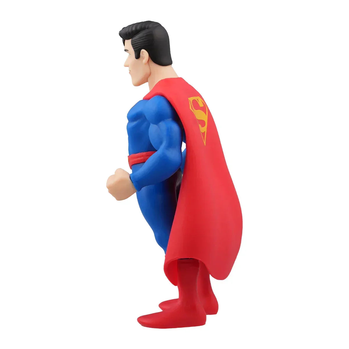 Superman Figur in blauem Anzug mit rotem Umhang und Stiefeln, Seitenansicht