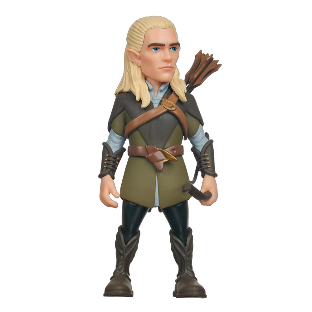 Legolas Figur mit blonden Haaren, blauen Augen, grünem Tunika, braunem Gürtel, Stiefeln und Köcher mit Pfeilen