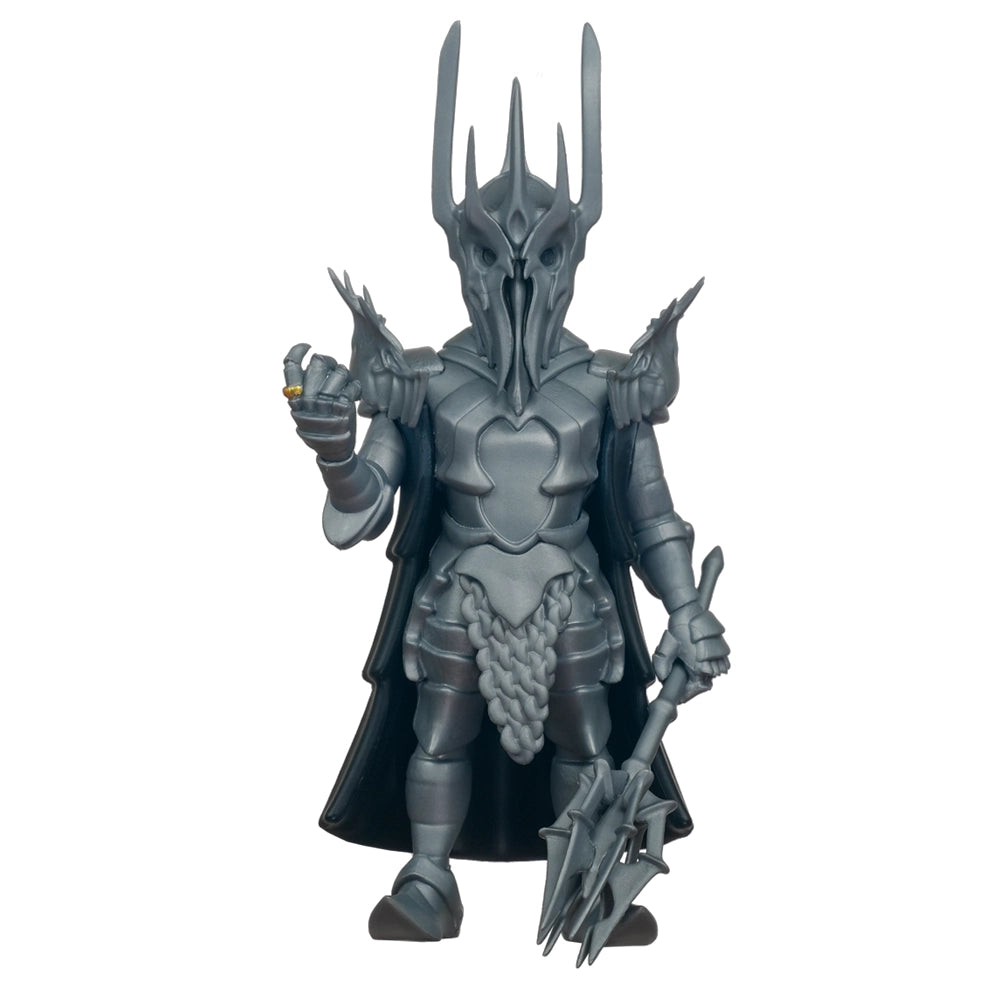Sauron Figur mit Rüstung, Helm, Umhang, Streitkolben und dem Einen Ring