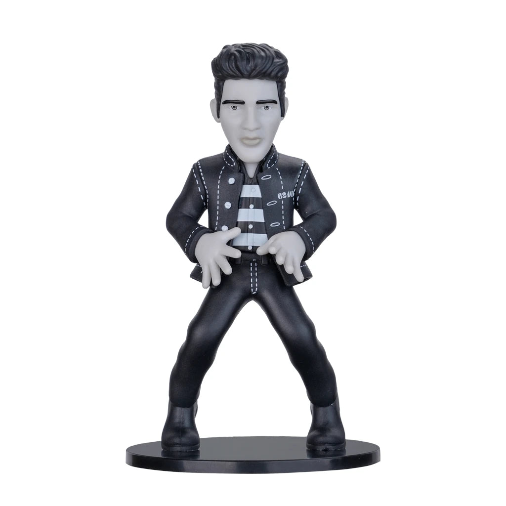 Elvis Presley Jailhouse Rock Figur in Schwarz-Weiß auf schwarzem Sockel