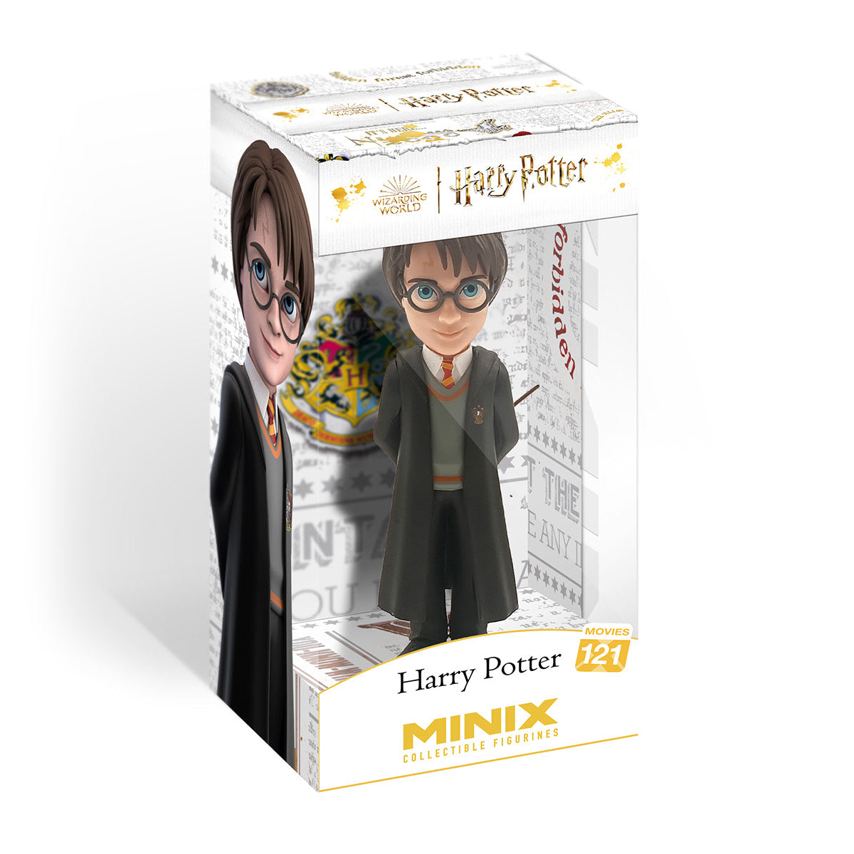 Minix Sammelfigur von Harry Potter in Hogwarts-Uniform mit Zauberstab in der Verpackung