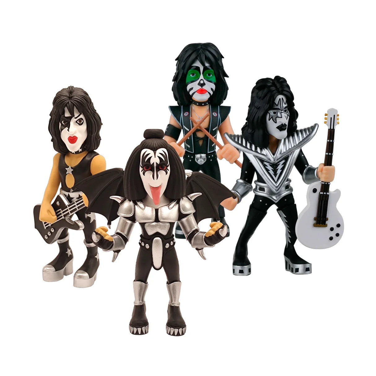 Vier Kiss-Figuren in ihren ikonischen Kostümen und Make-up, jede mit einem Instrument