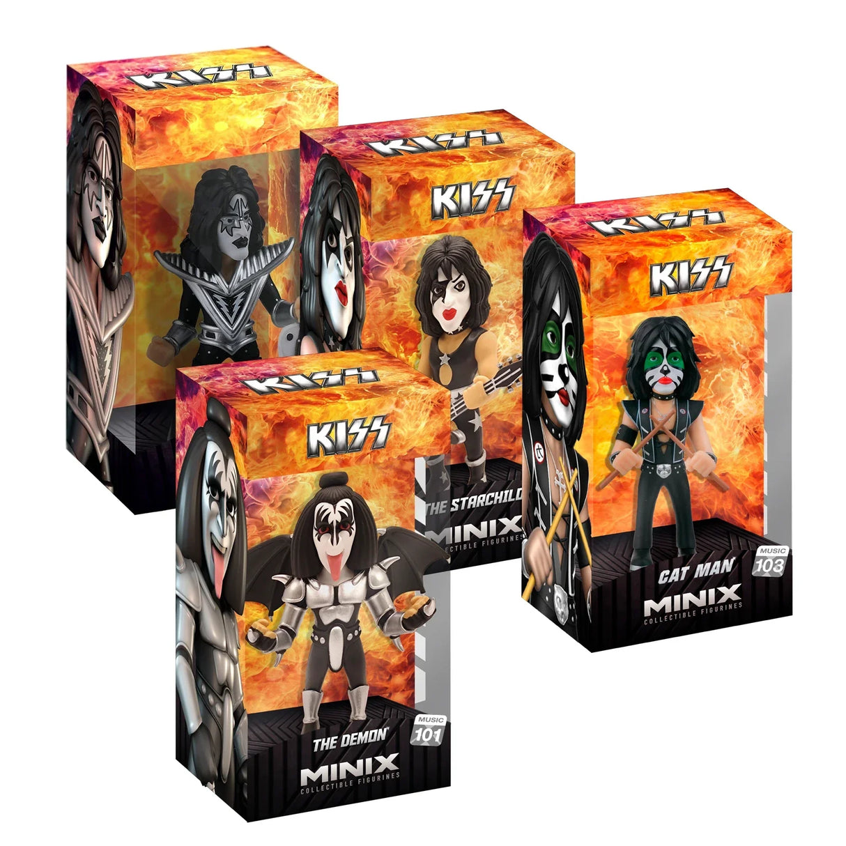 Vier Kiss Minix Sammelfiguren in ihren Verpackungen