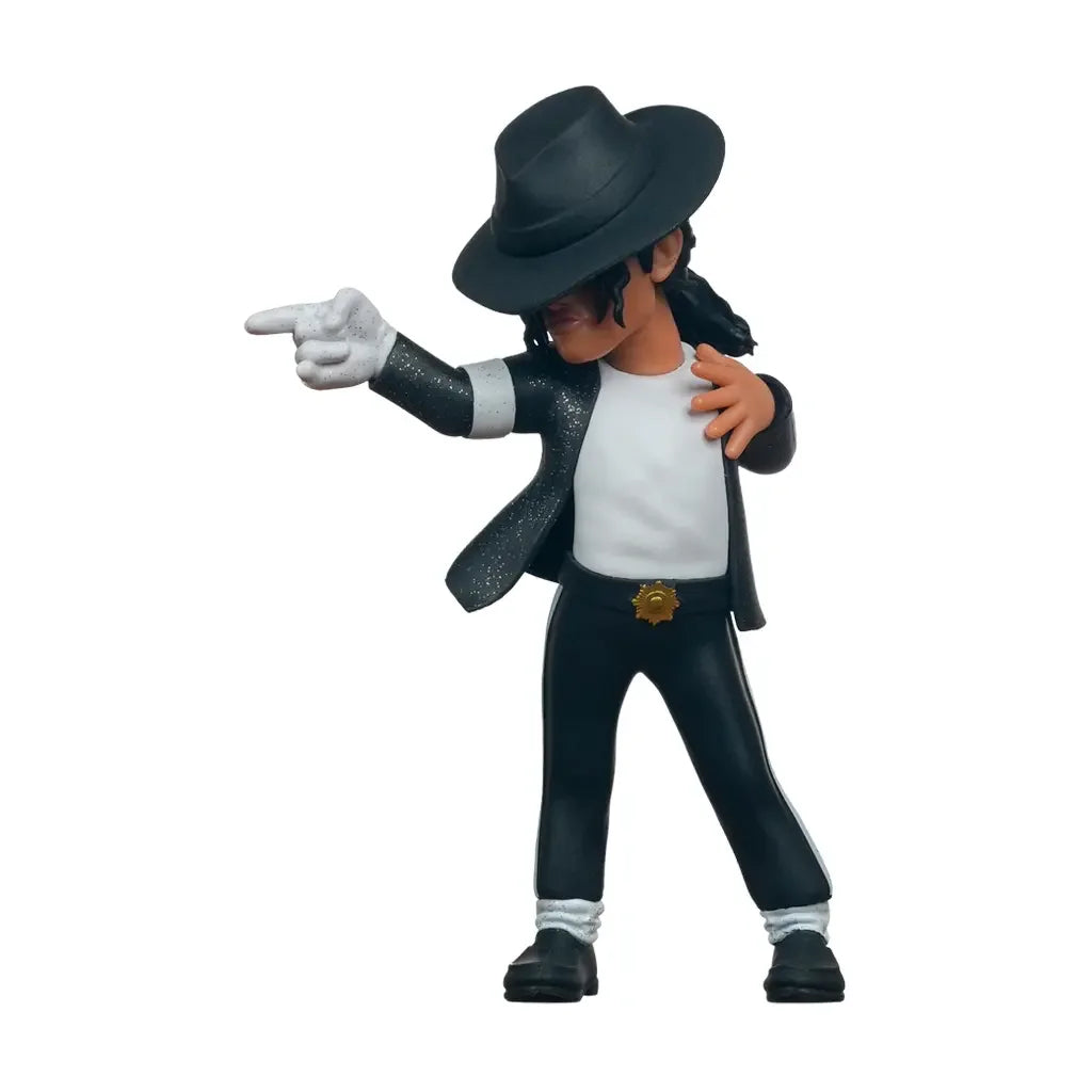 Michael Jackson Figur mit schwarzem Hut, Jacke, Hose und weißem Hemd, zeigt nach links