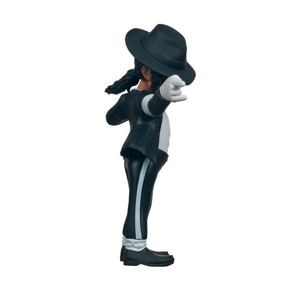 Michael Jackson Figur mit schwarzem Hut, Glitzerjacke, Hose mit Streifen und weißem Handschuh