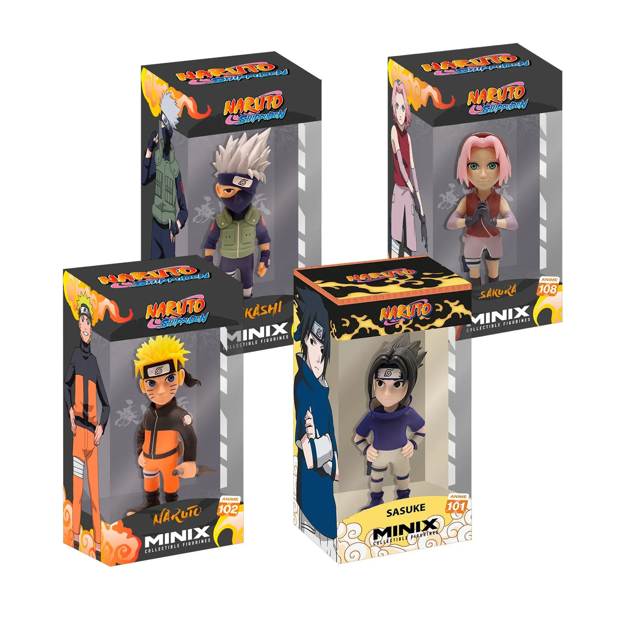 Vier Naruto Shippuden Minix Sammelfiguren in ihren Verpackungen