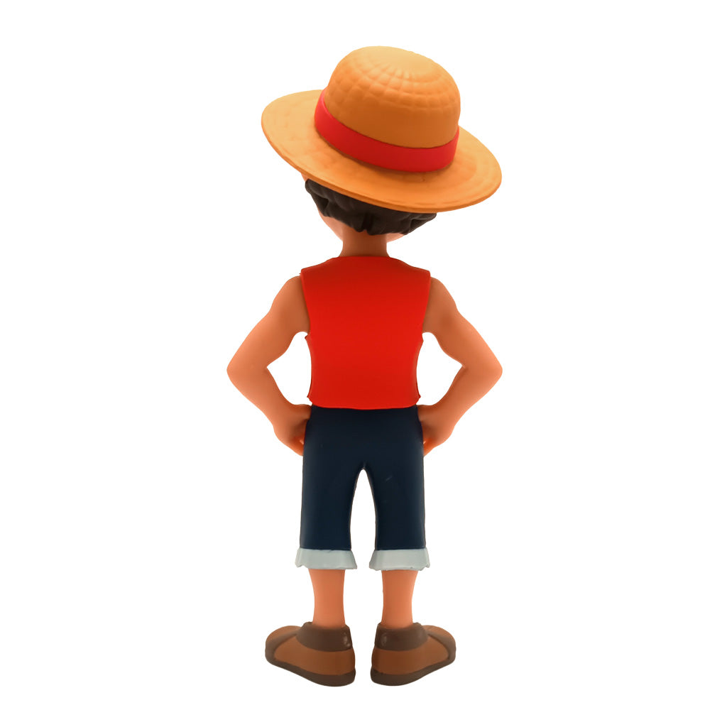 Rueckansicht einer Monkey D Ruffy Figur mit Strohhut rotem Oberteil und blauer Hose