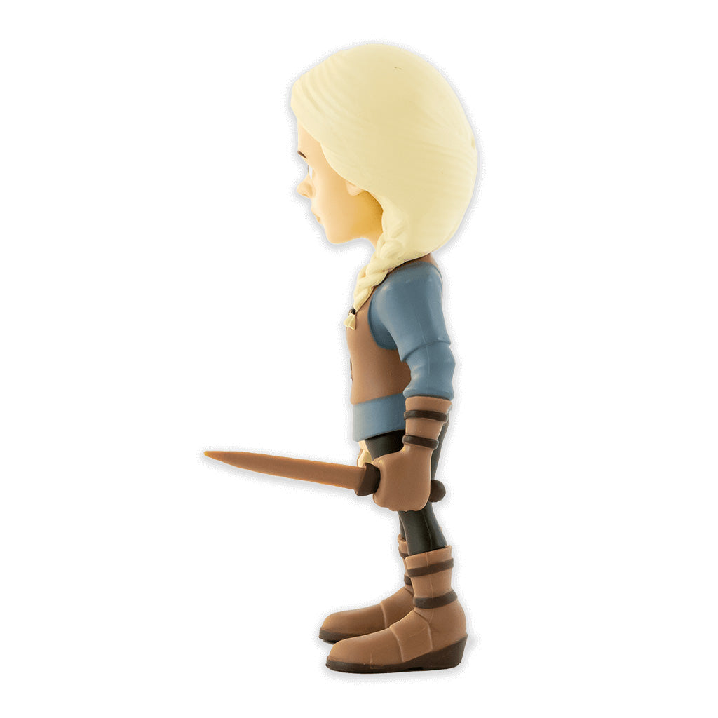 Seitenansicht einer blonden Spielfigur mit Schwert in mittelalterlicher Kleidung