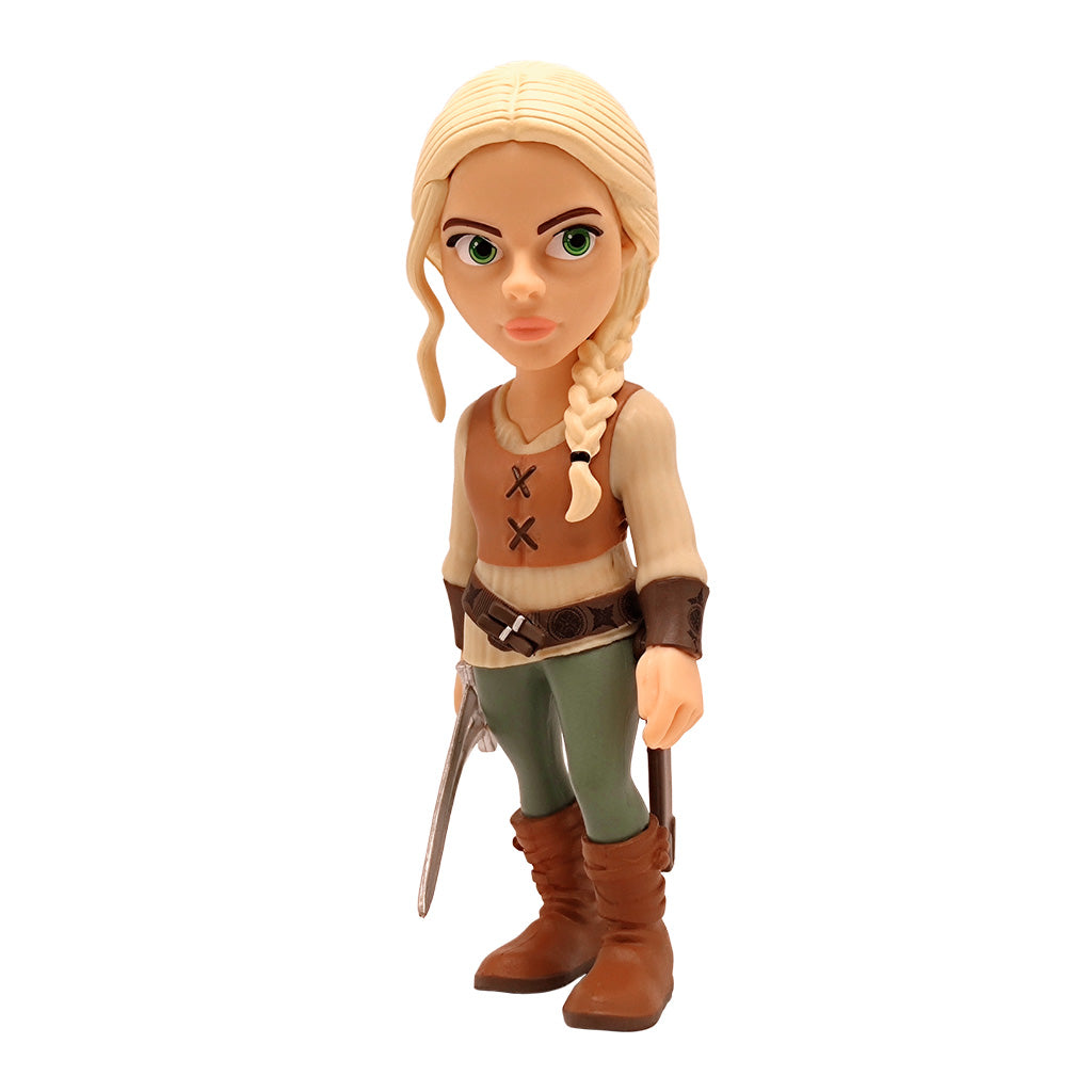 Sammelfigur einer blonden Frau mit Zopf in brauner Weste und grüner Hose mit Schwert