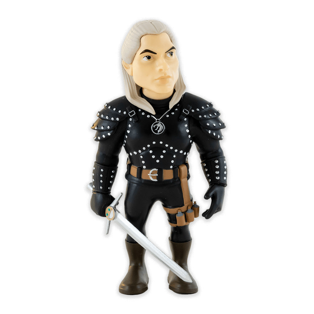 Sammelfigur von Geralt von Riva mit weißem Haar und schwarzer Rüstung sowie einem Schwert