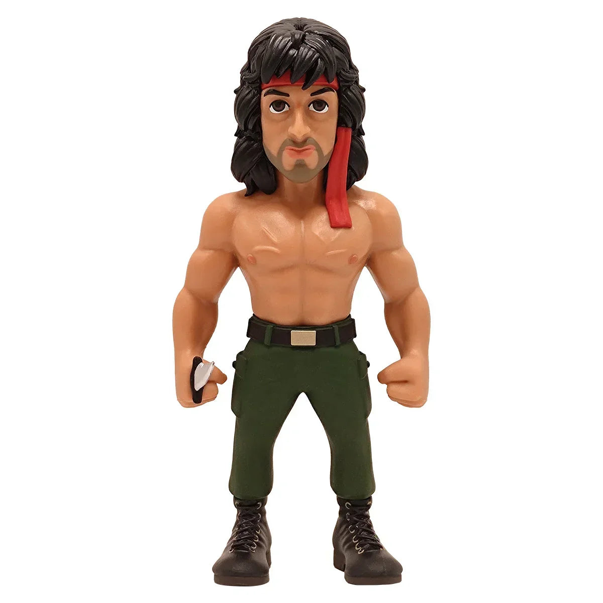 Rambo-Figur mit rotem Stirnband, nacktem Oberkörper, grüner Hose und Stiefeln