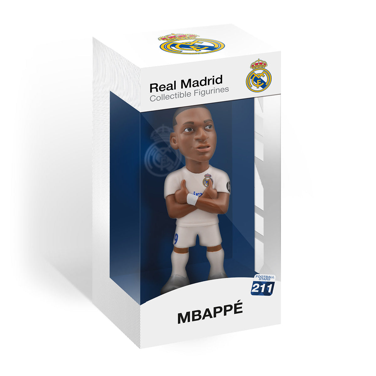 Mbappé Sammelfigur in Real Madrid Trikot, in einer weißen Box mit Vereinslogo