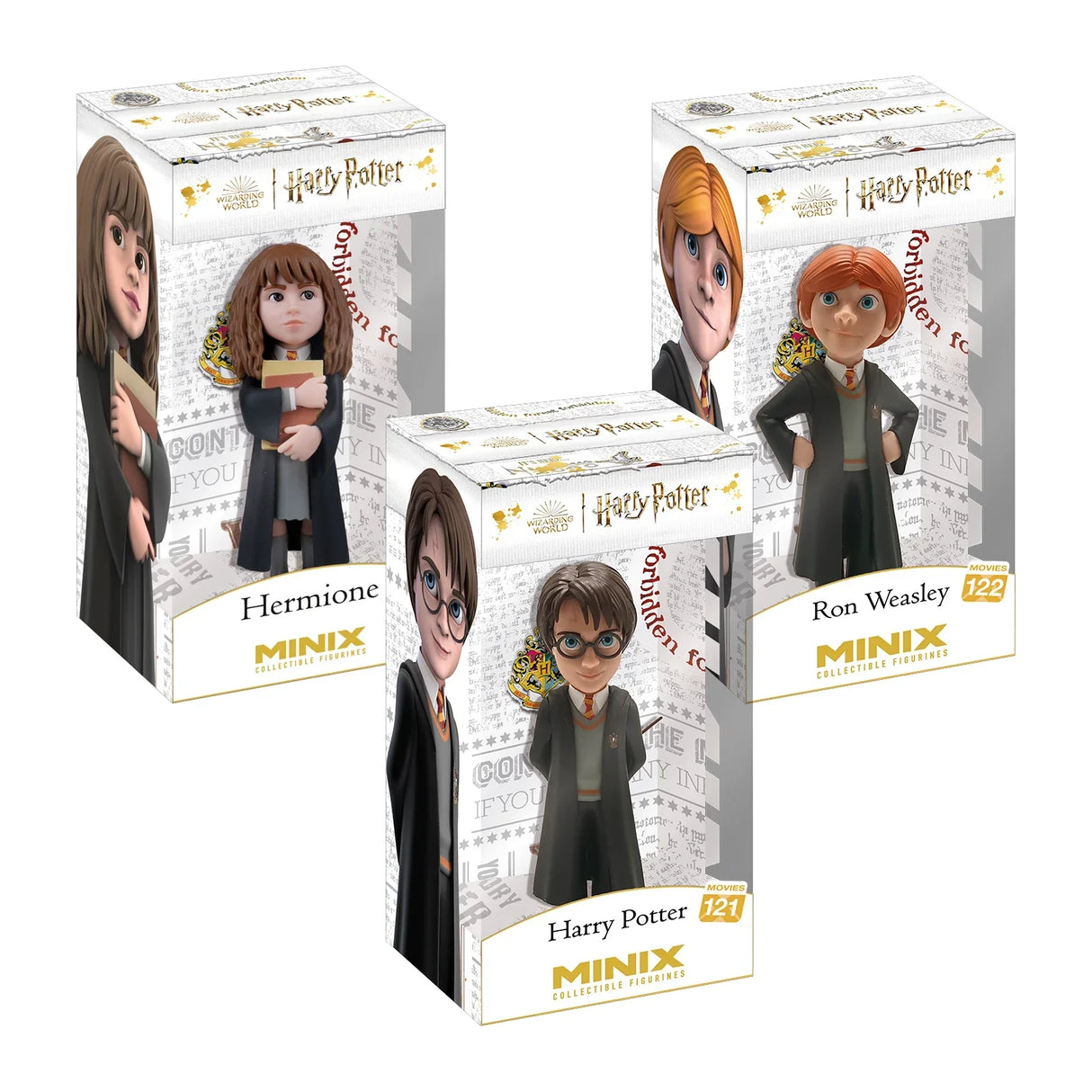 Drei Harry Potter Minix Sammelfiguren in ihren Verpackungen: Hermine, Harry Potter und Ron Weasley