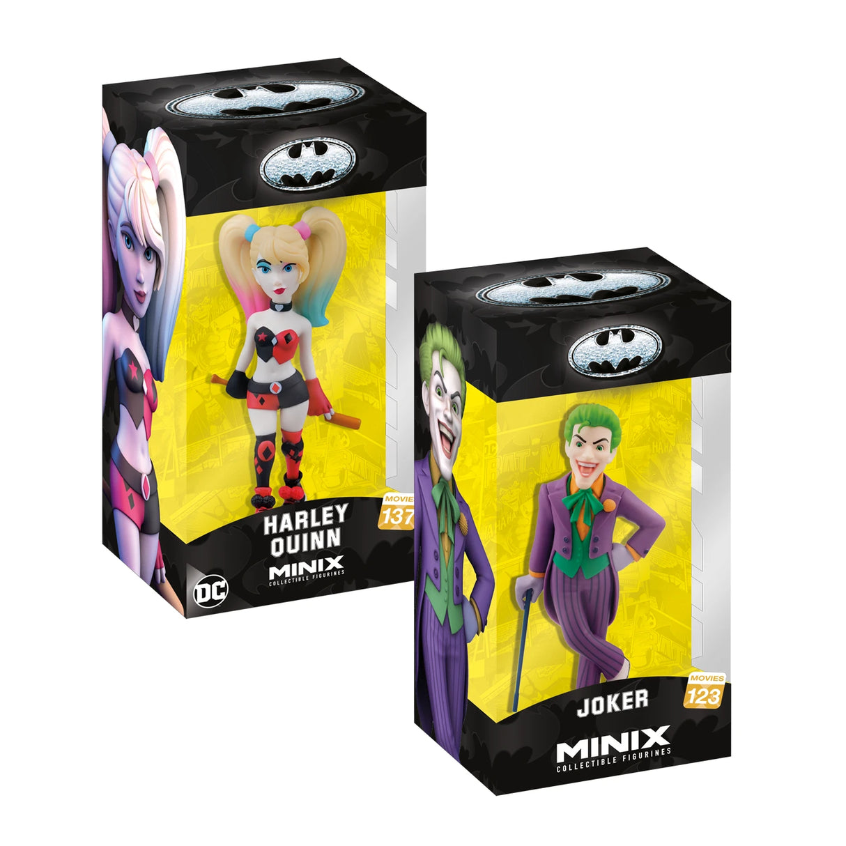 Zwei Minix-Sammelfiguren in ihren Verpackungen: Harley Quinn und Joker
