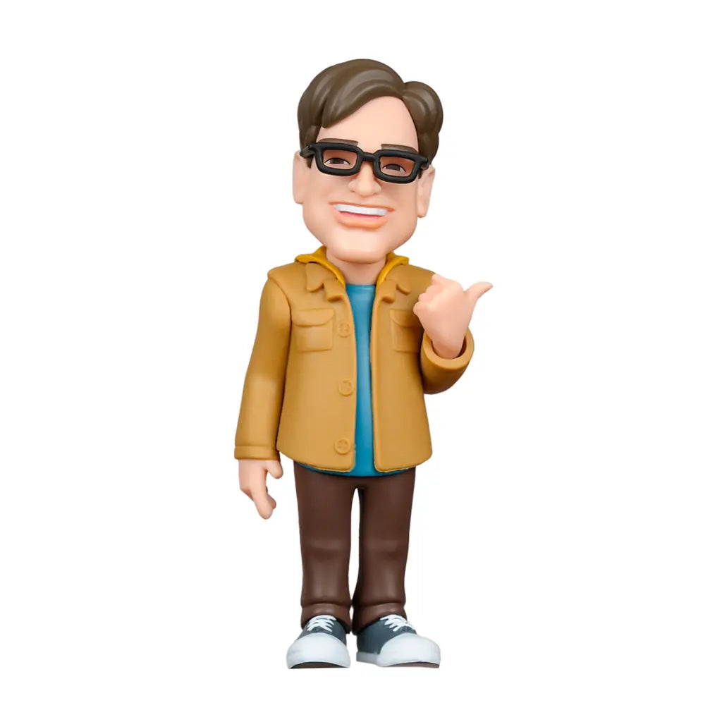 Figur von einem Mann mit Brille, brauner Jacke, blauem Hemd und brauner Hose, der mit dem Daumen nach rechts zeigt