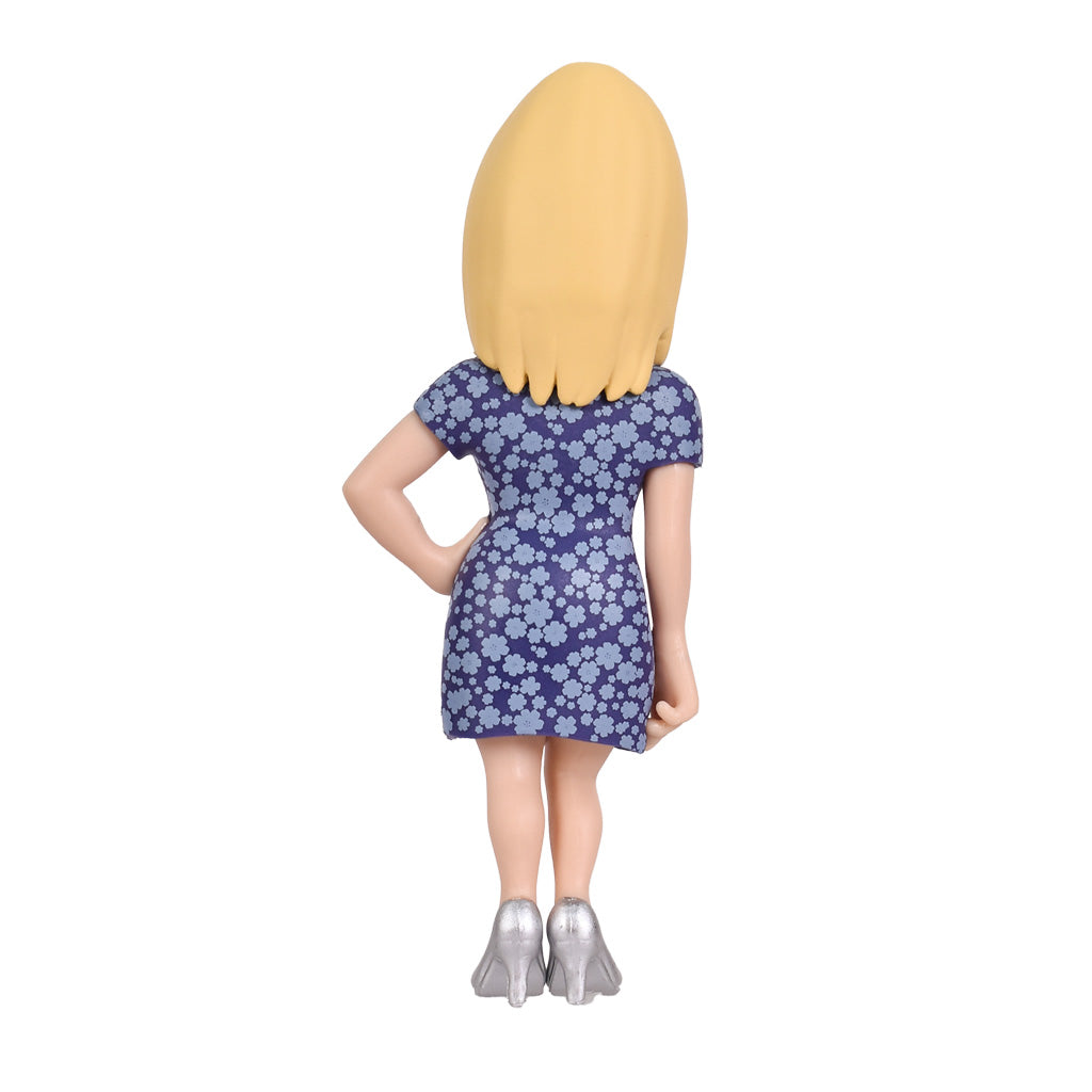 Rueckansicht einer blonden Frauenfigur in einem blauen Kleid mit Blumenmuster und silbernen Schuhen