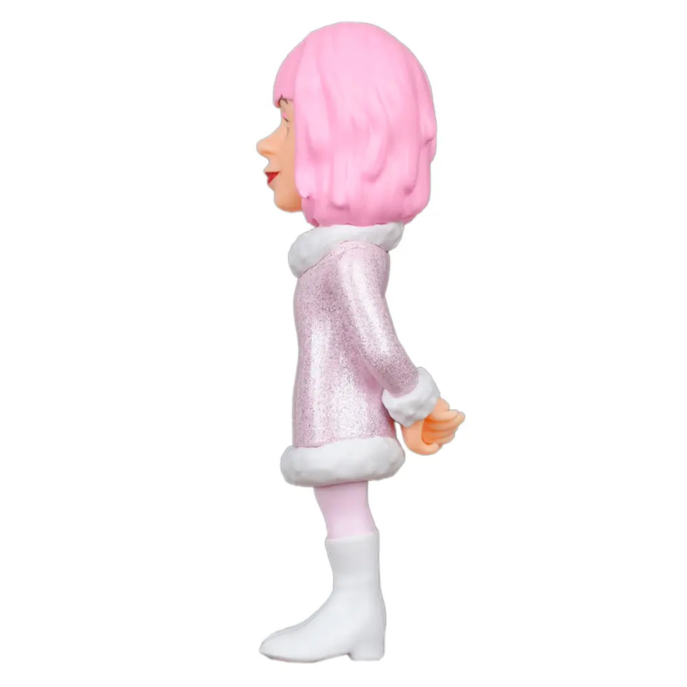Seitenansicht einer Figur mit rosa Bob-Frisur, glitzerndem rosa Mantel mit weißem Pelzbesatz und weißen Stiefeln