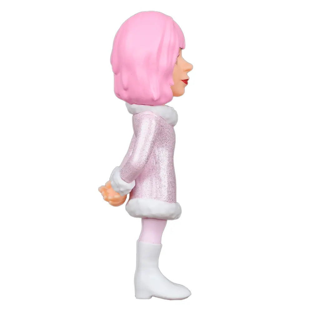 Seitenansicht einer Figur mit rosa Bob-Frisur, glitzerndem rosa Mantel mit weißem Pelzbesatz und weißen Stiefeln