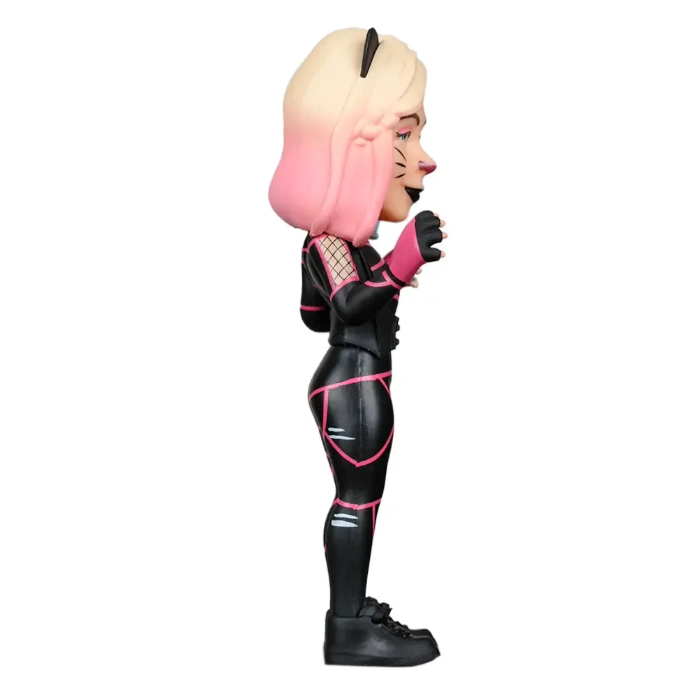Fortnite Black Cat Figur mit blondem Haar und pinken Spitzen, schwarzem Anzug mit pinken Akzenten