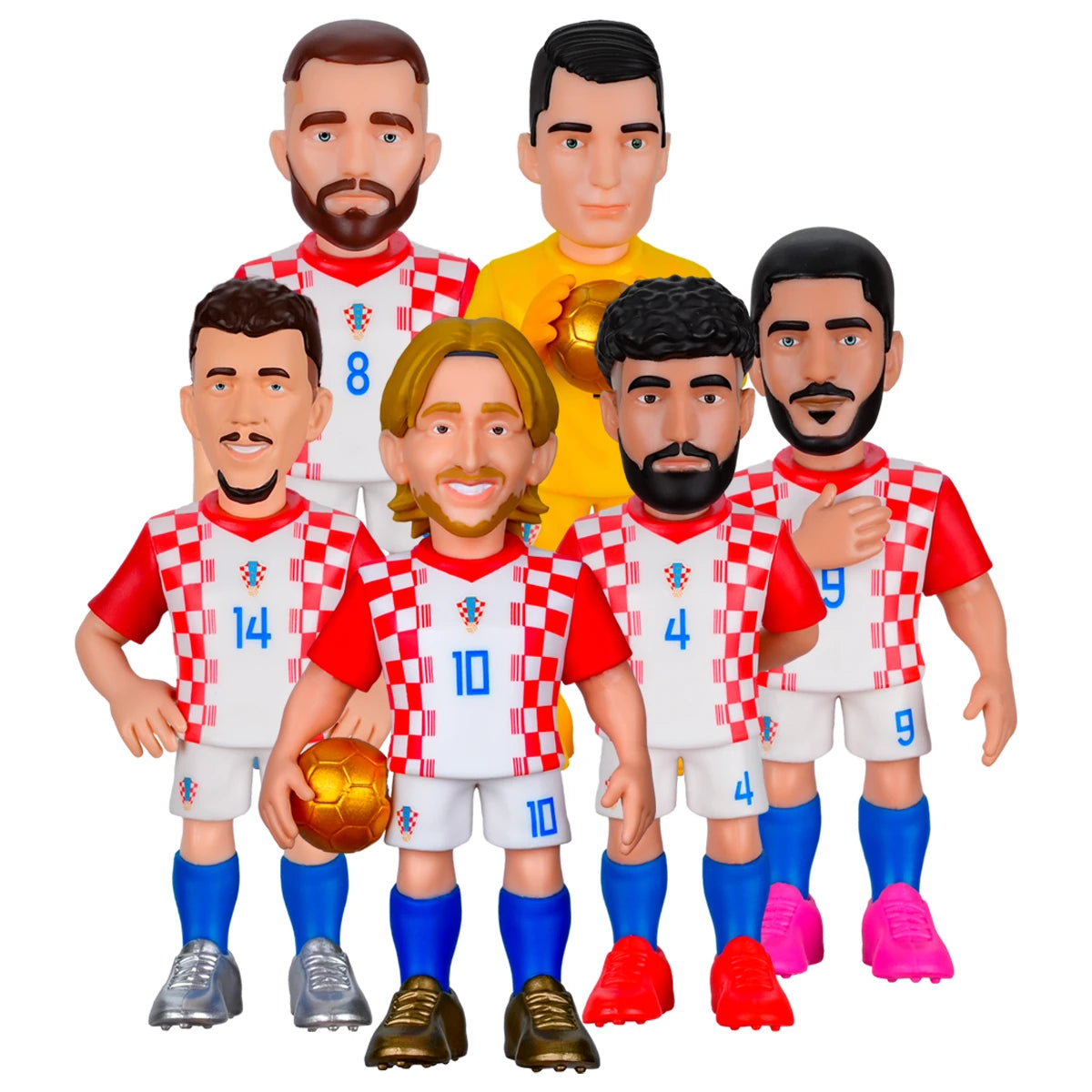 Sechs kroatische Fussballspieler-Figuren in rot-weiss karierten Trikots, eine Figur hält einen goldenen Ball