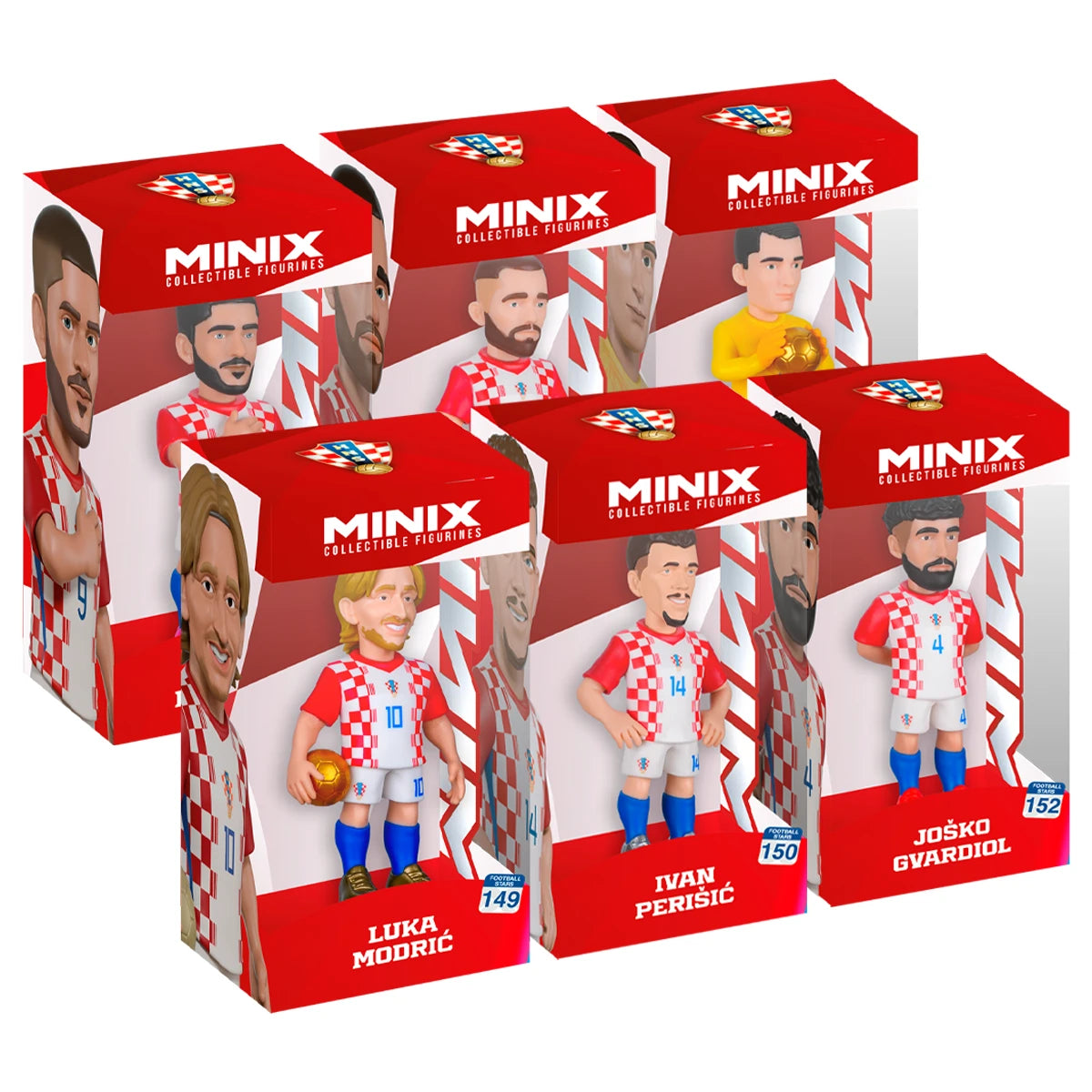 Sechs Minix Sammelfiguren in roten Schachteln, darunter Luka Modrić, Ivan Perišić und Joško Gvardiol