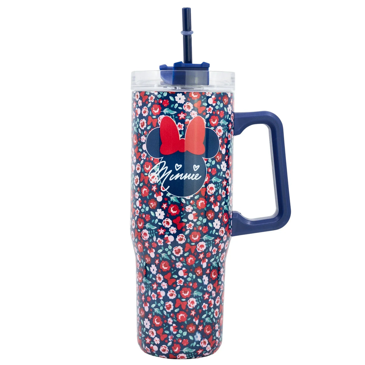 Blauer Trinkbecher mit Minnie Maus Motiv und Blumenmuster inklusive Henkel und Strohhalm