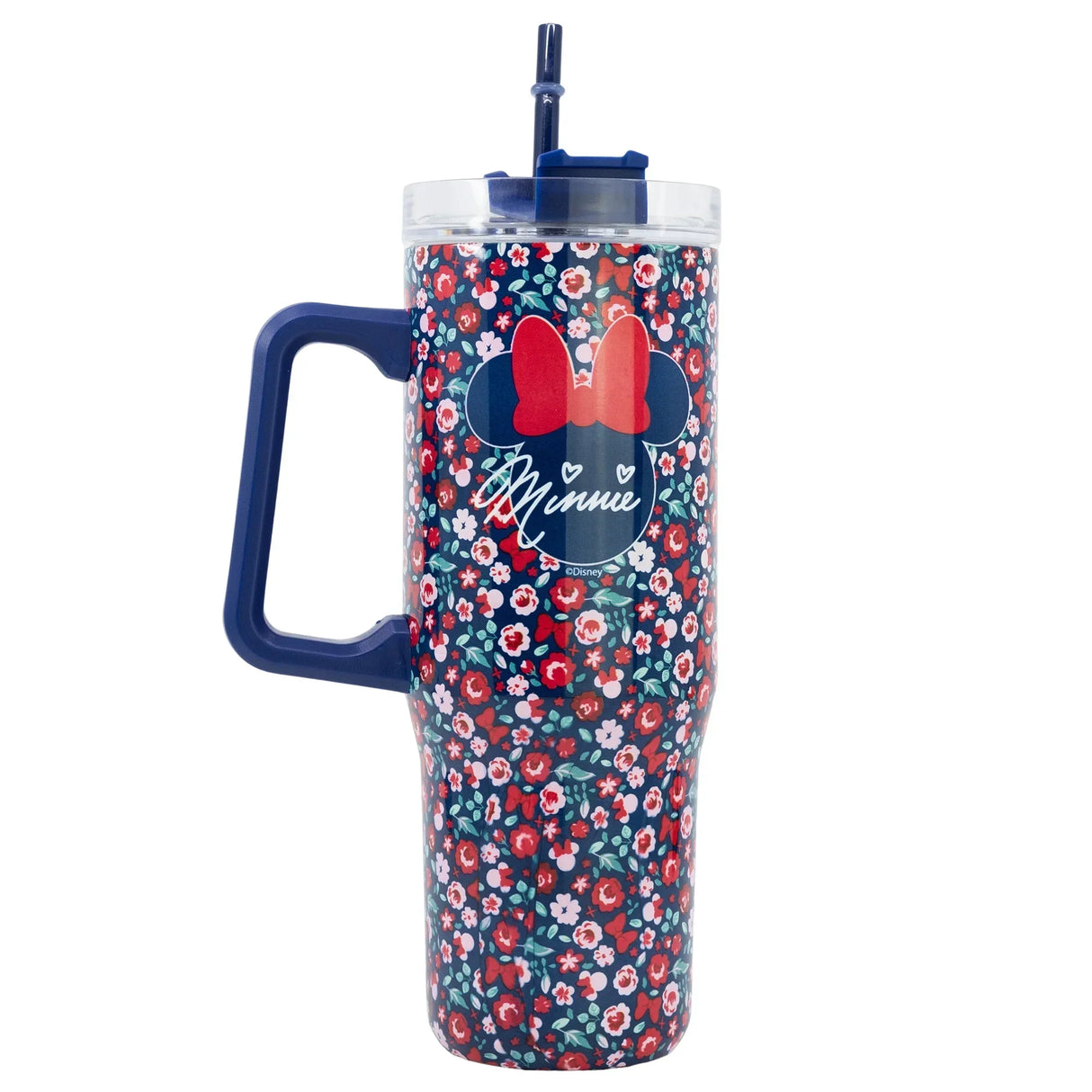 Blauer Trinkbecher mit Henkel Strohhalm und Minnie Maus Blumenmuster