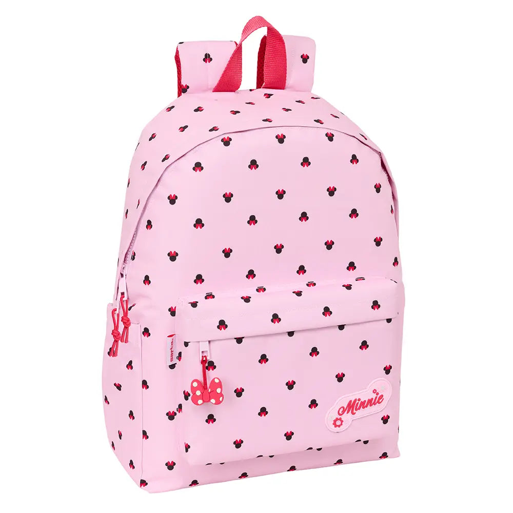 Rosa Minnie Maus Rucksack mit kleinen Minnie Maus Köpfen und einem Minnie Maus Schleifenanhänger