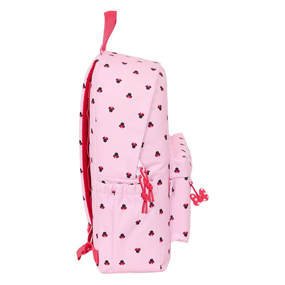 Rosa Rucksack mit Minnie Maus-Motiv und roten Akzenten