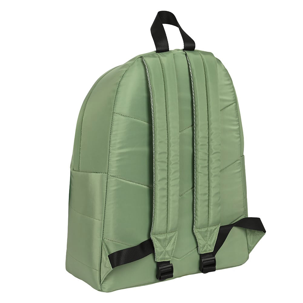 Rückansicht eines hellgrünen Rucksacks mit verstellbaren Schultergurten