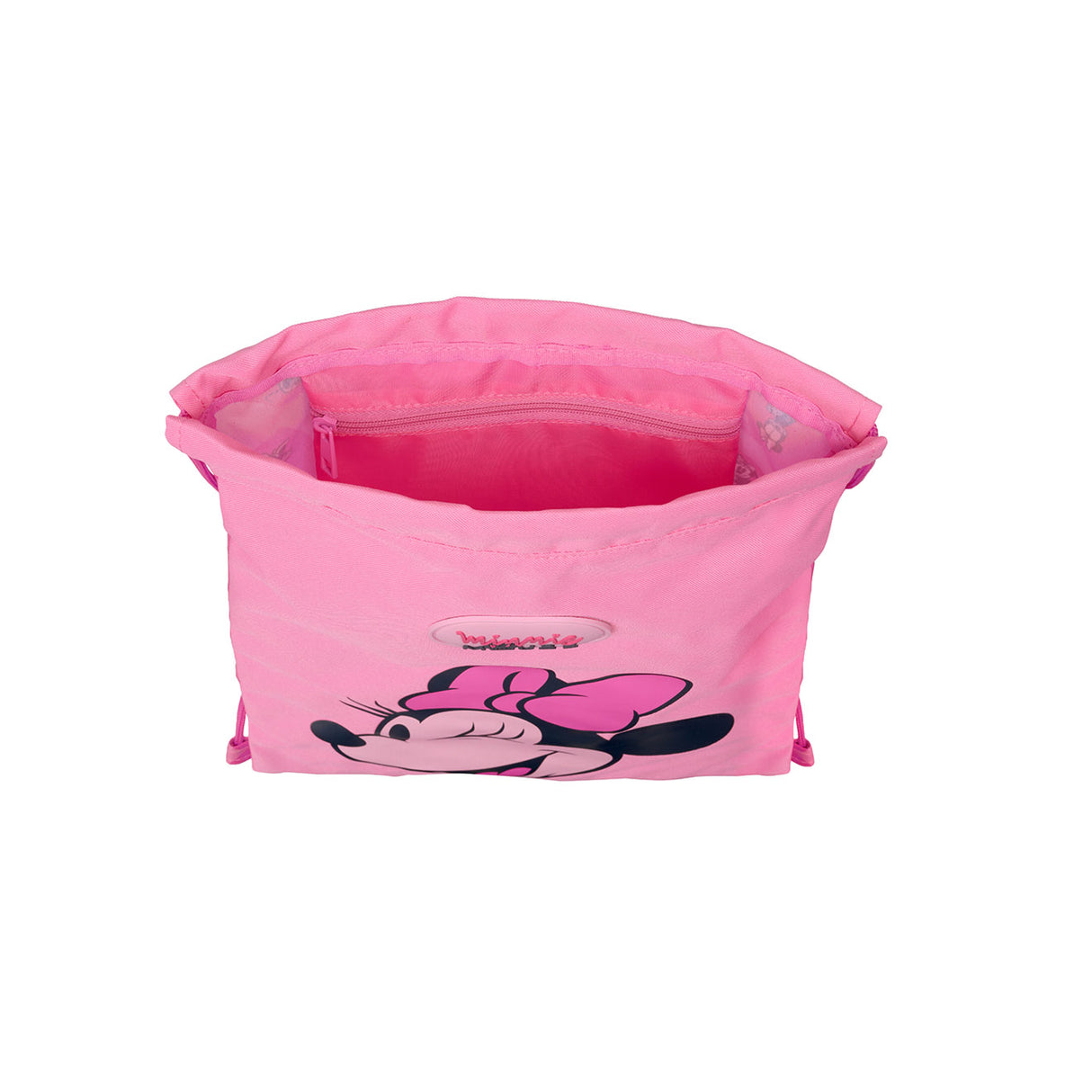 Rosa Sportbeutel mit Minnie Maus Motiv und Reißverschlussfach innen