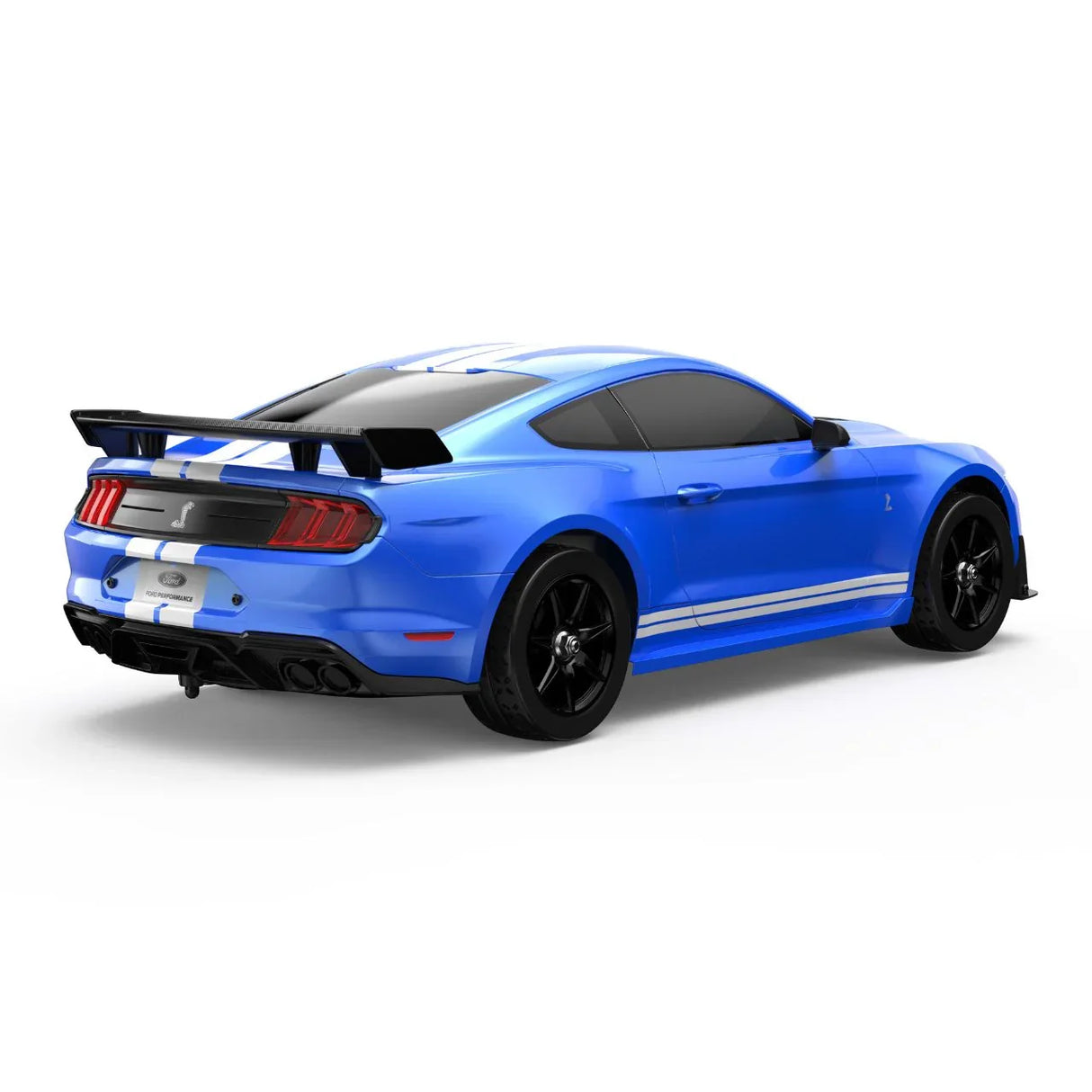 Heckansicht des blauen MJX Hyper Go 10306 RC Ford Mustang Shelby GT500 mit markantem Heckspoiler und detaillierten Rückleuchten.