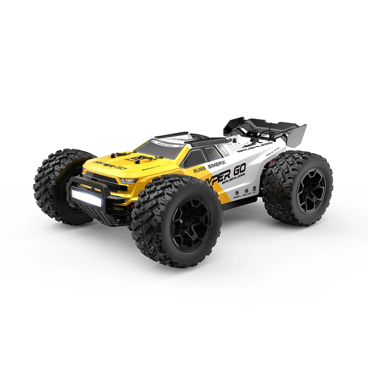 Schrägansicht des MJX Hyper Go 14207 1:14 Brushless RC-Monstertrucks in der gelb-weißen Farbvariante mit Allradantrieb.