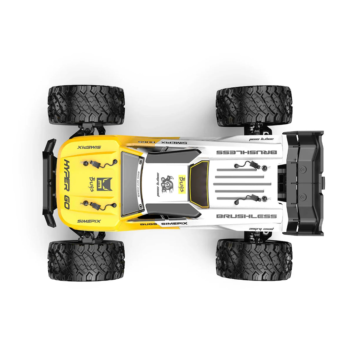 Draufsicht auf den gelb-weißen MJX Hyper Go 14207 Brushless RC-Truggy mit "Bugs" und "Hyper Go" Bedruckung.