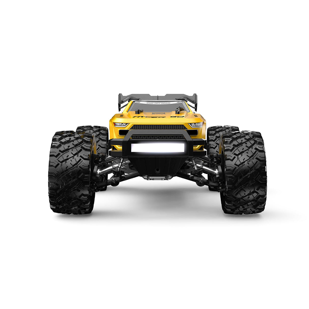 Frontalansicht des gelben MJX Hyper Go 14207 RC-Autos mit leuchtendem LED-Scheinwerferbalken an der Stoßstange.
