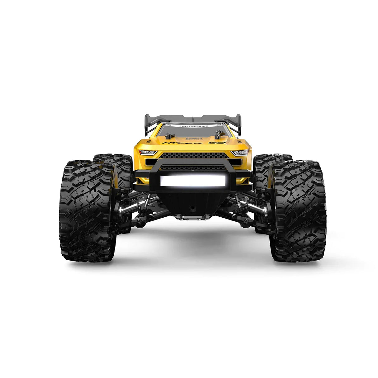 Frontalansicht des gelben MJX Hyper Go 14207 RC-Autos mit leuchtendem LED-Scheinwerferbalken an der Stoßstange.
