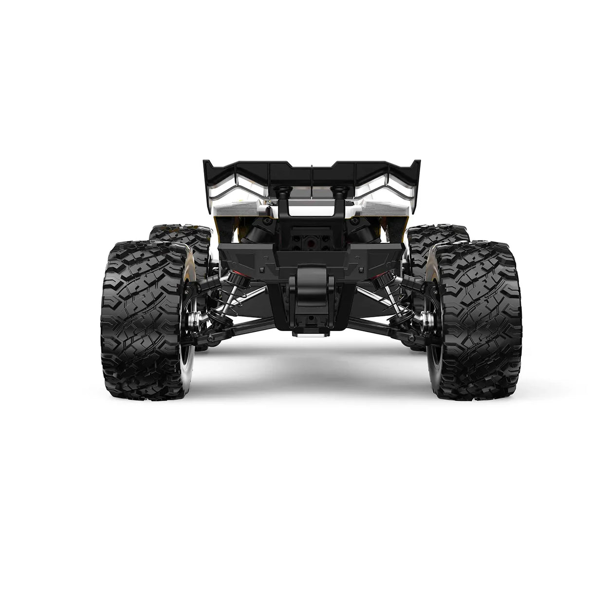 Heckansicht des MJX Hyper Go 14207 RC-Trucks mit Fokus auf die Hinterradaufhängung, Stoßdämpfer und das grobe Reifenprofil.