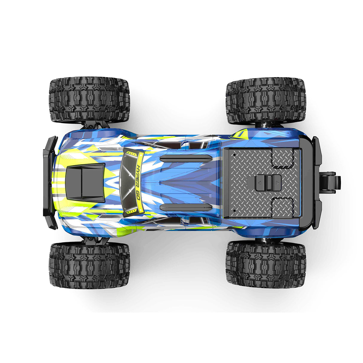 Draufsicht auf den MJX Hyper Go 14208 Brushless RC-Monstertruck mit strukturierter Ladefläche und auffälliger Karosserie-Grafik.