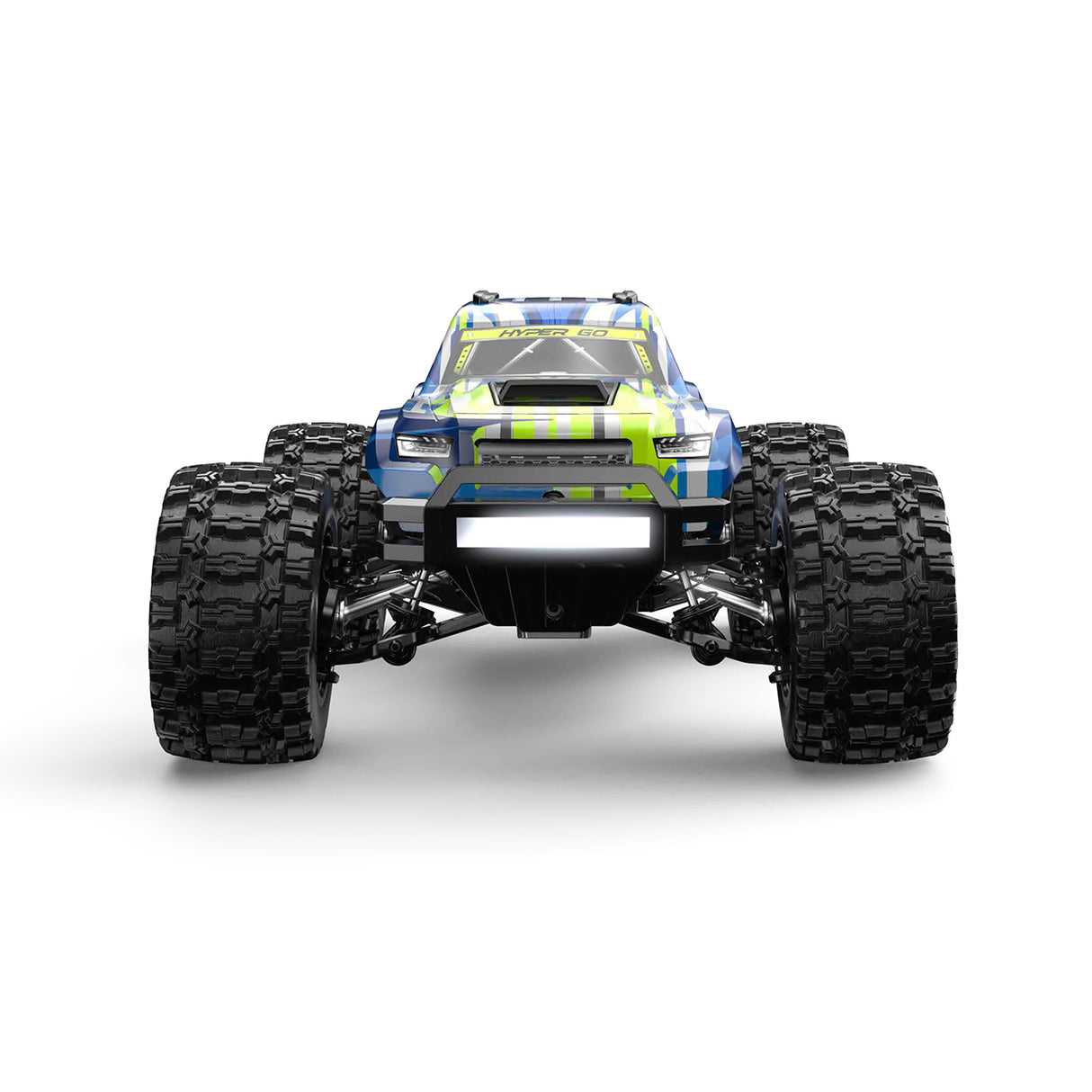 Frontalansicht des MJX Hyper Go 14208 RC-Trucks in Blau-Gelb mit hell leuchtendem LED-Scheinwerferbalken an der vorderen Stoßstange.