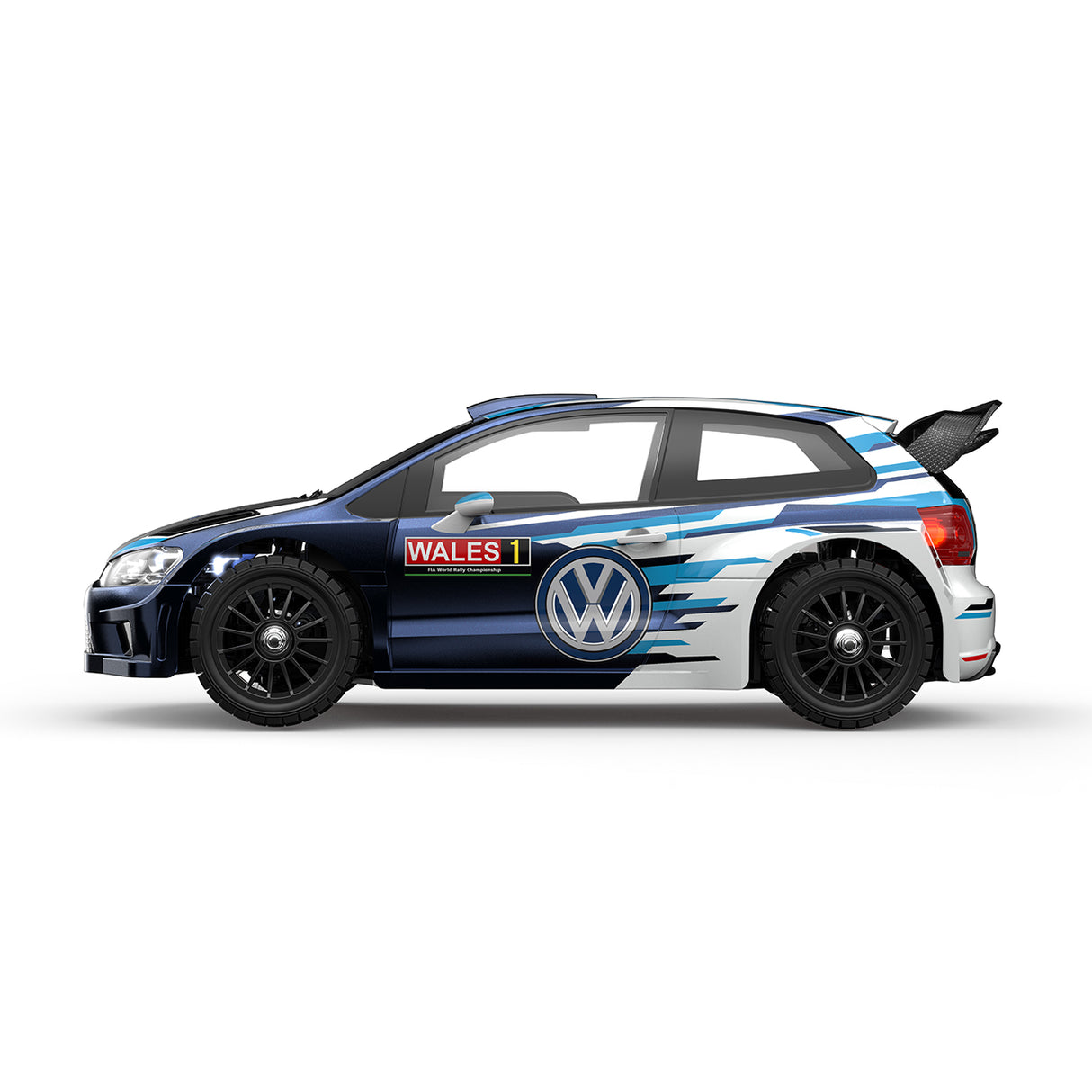 Seitenansicht des MJX Hyper Go 14304 1:14 RC-Rallye-Modells im blau-weißen VW Polo WRC Design mit schwarzen Mehrspeichenfelgen.