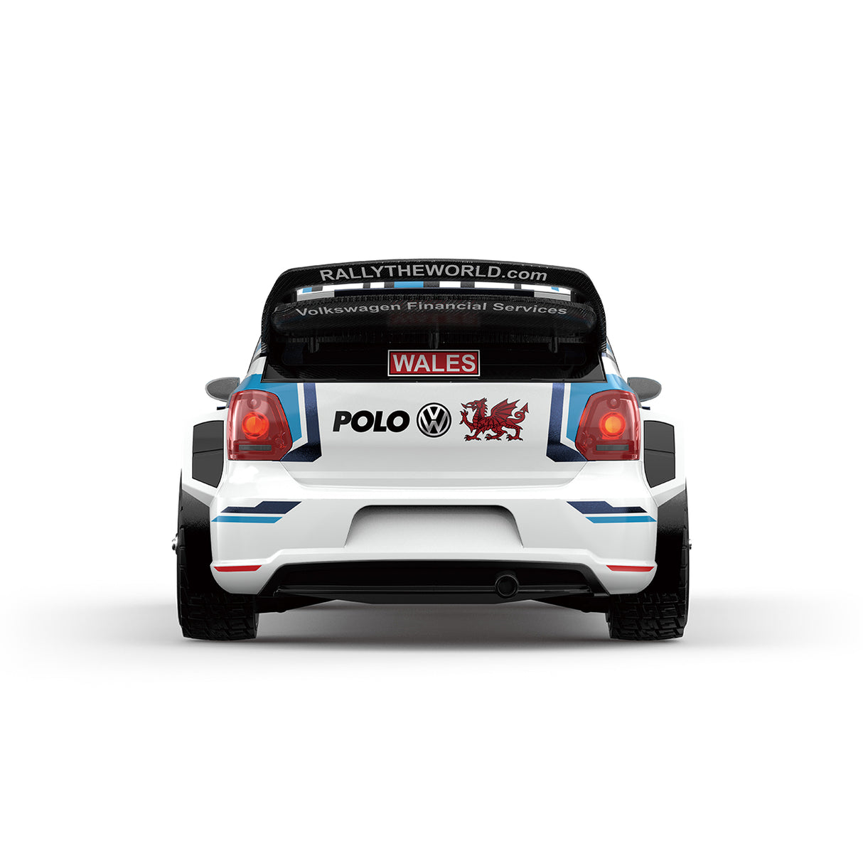 Heckansicht des lizenzierten MJX Hyper Go 14304 RC Volkswagen Polo WRC mit großem Heckflügel und Wales-Rallye-Details.