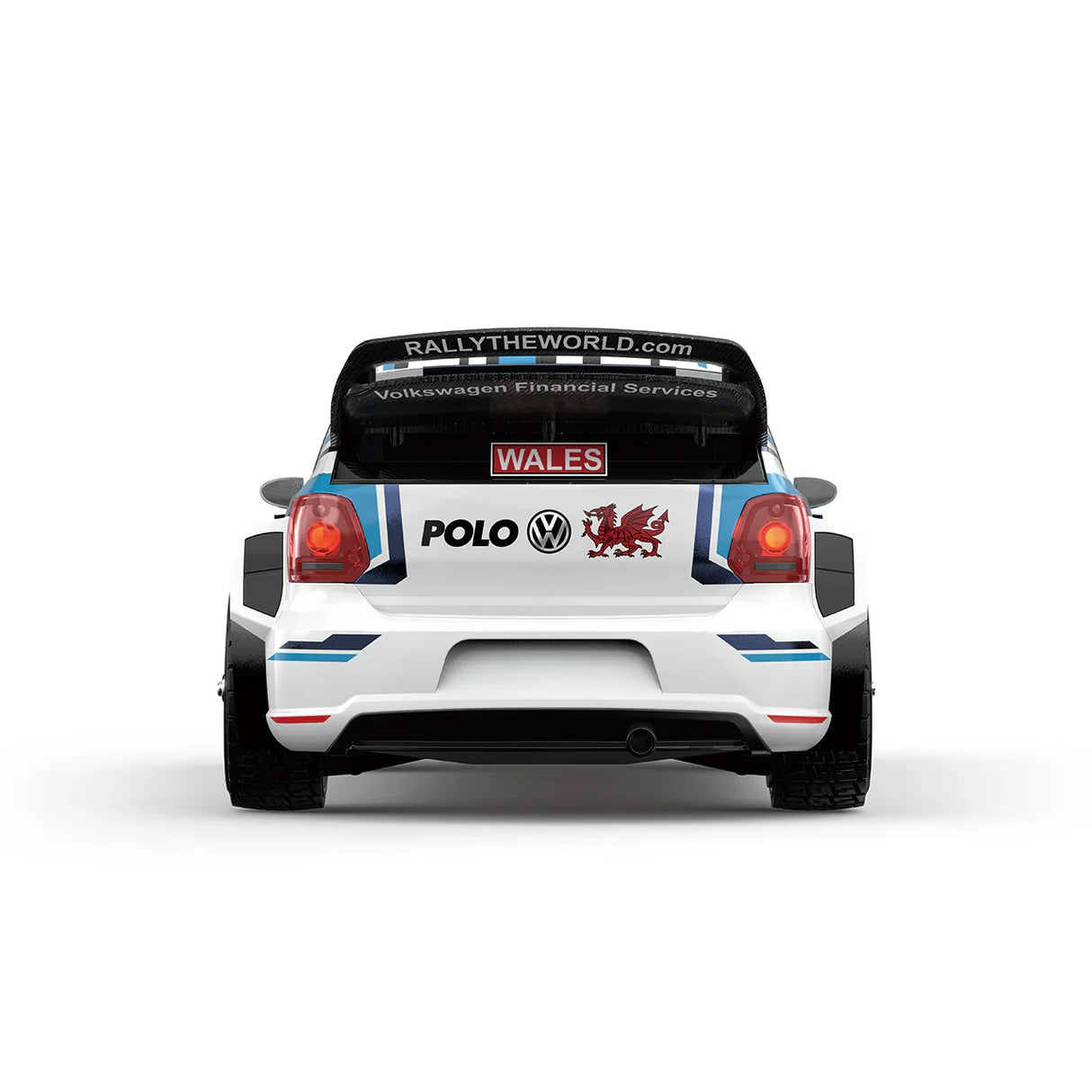 Heckansicht des lizenzierten MJX Hyper Go 14304 RC Volkswagen Polo WRC mit großem Heckflügel und Wales-Rallye-Details.