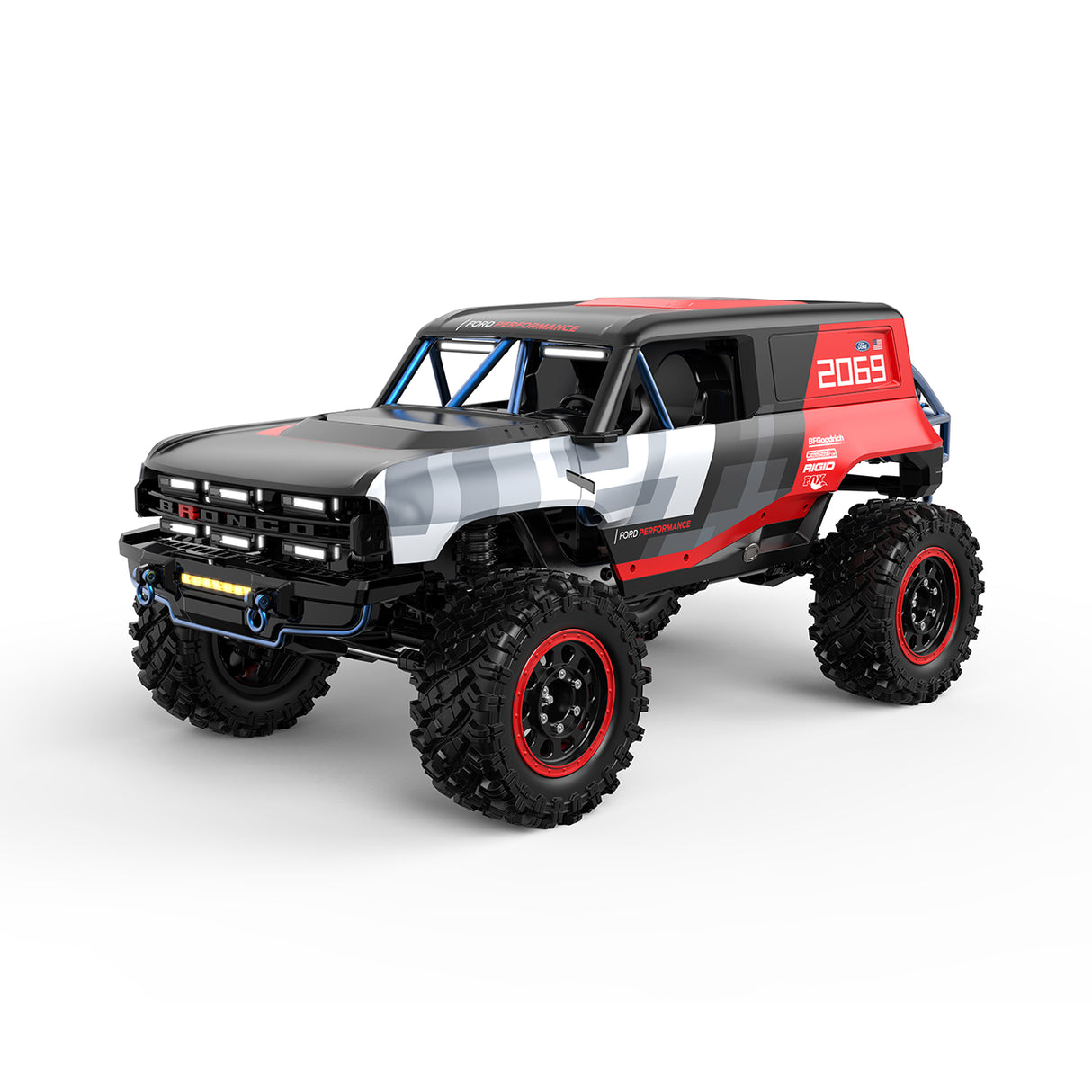 MJX Hyper Go H12P 1:12 RC-Crawler in der Dreiviertel-Profilansicht mit grobstolligen Offroad-Reifen und blauem Überrollkäfig.