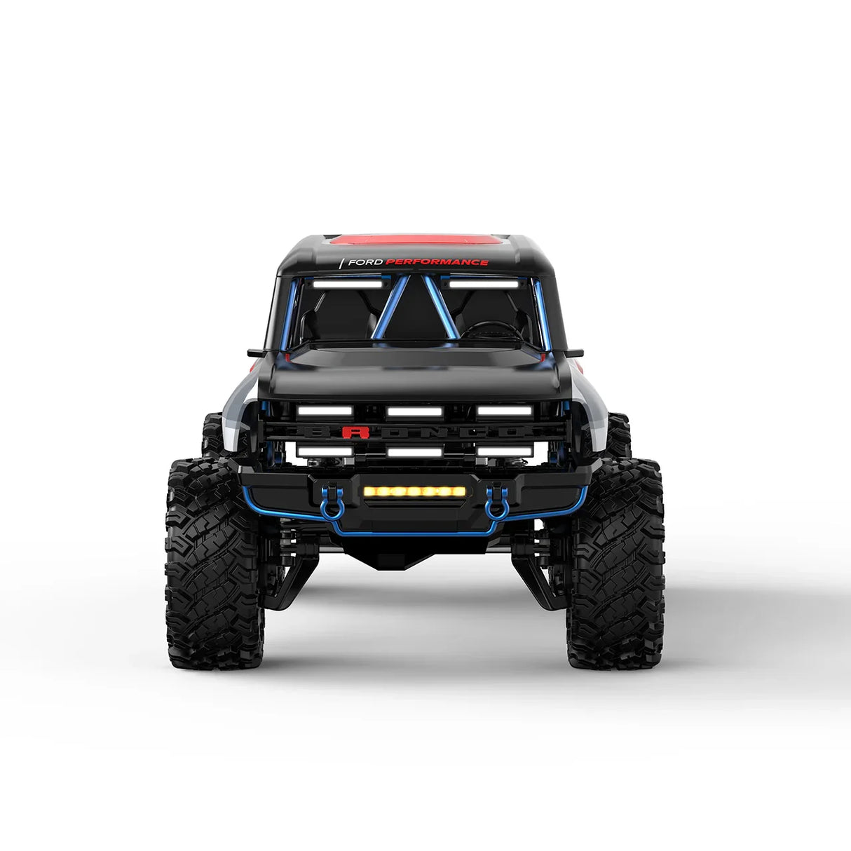 Frontansicht des MJX Hyper Go H12P RC-Modellautos mit eingeschalteter LED-Beleuchtung am Kühlergrill und Stoßfänger.