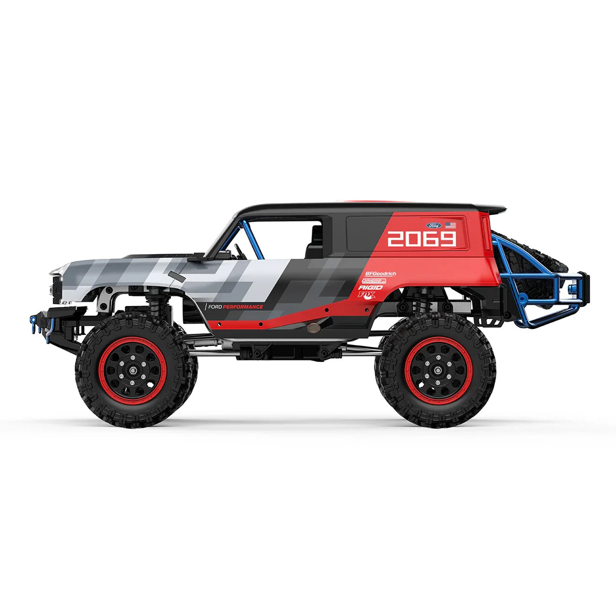 Seitenansicht des MJX Hyper Go H12P RC-Crawlers im rot-schwarz-grauen Ford Bronco Offroad-Design mit der Startnummer 2069.