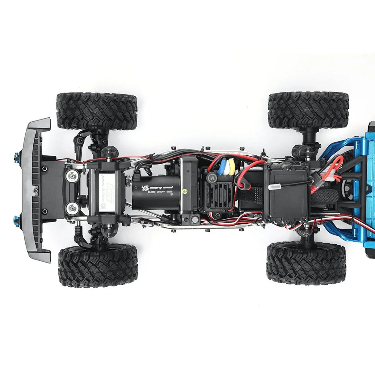 Innenleben und Chassis des MJX Hyper Go H12P RC-Autos in der Draufsicht mit Brushless-Motor und Elektronik.