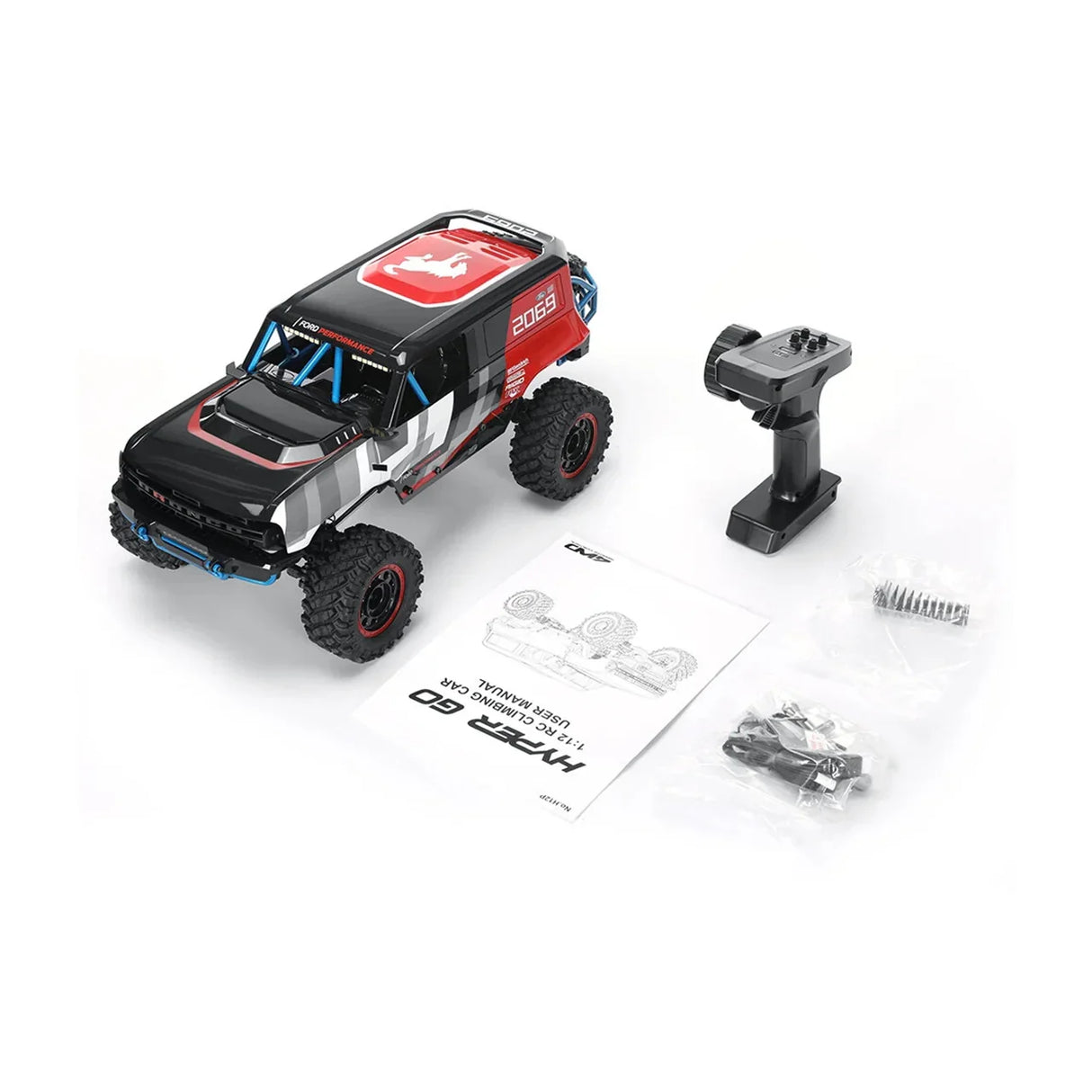 MJX Hyper Go H12P 1:12 RC Climbing Car Lieferumfang mit Fernsteuerung, Anleitung und Zubehör auf weißem Hintergrund.