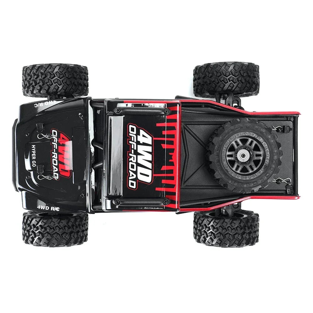 Draufsicht auf ein schwarzes 4WD-Offroad-RC-Auto mit roten Akzenten und Ersatzrad